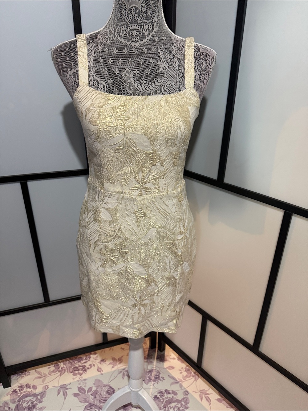 Lulu's Cream Mini Dress with Metallic Gold Floral Jacquard